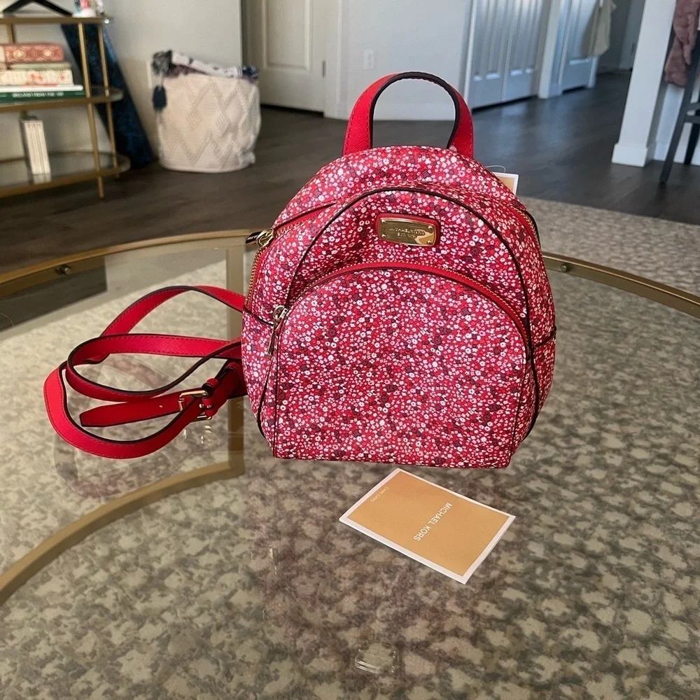 🌸NWT Authentic Michael Kors Abbey Mini Backpack - Red Floral with Gold Accents